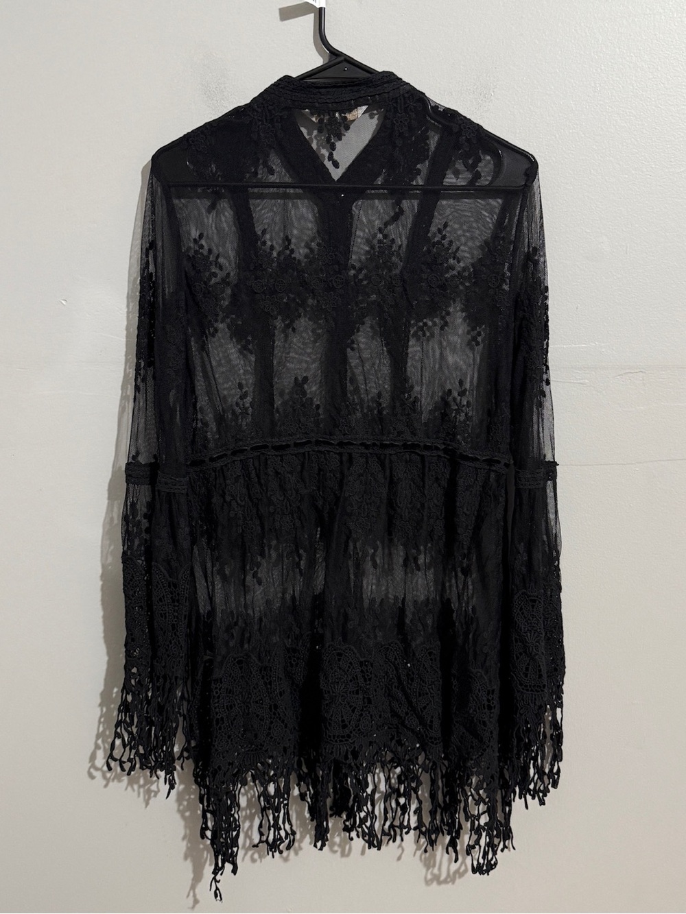 Boston Proper Black Lace Fringe Tunic Top Medium Sheer Boho Button Front - Picture 4 of 12